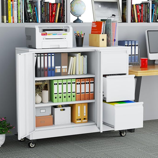 winiowa Mobile 3-Drawer File Cabinet with Wheel, Metal Lateral Rolling Printer Stand Filing Cabinets with Lock, Office Storage Cabinet for Office, Home, Garage, School, Gym-White