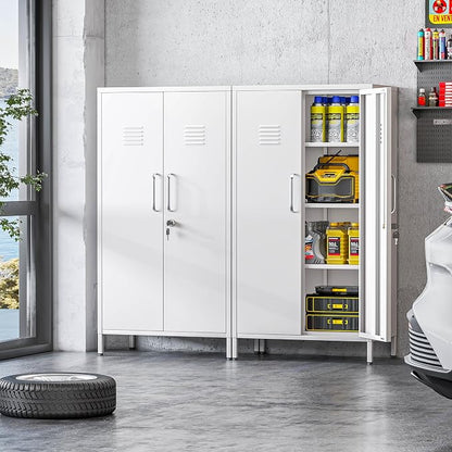 White Metal Locker Cabinet, 47" H Home Office Storage Lockers, Vertical Steel Storage Cabinet with Locking Door and 3 Adjustable Shelves, Garage Tool File Cabinets for Home Office,Garage,Bathroom.