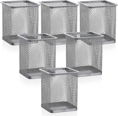 Segarty Pen Cup Holder, 6 Pack Square Silver Pen Holder for Desk, Multifuntional Mesh Pencil Cups Containers for Marker, Office Supplies, School Students, Home Desktop, Brush Organizer