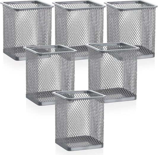 Segarty Pen Cup Holder, 6 Pack Square Silver Pen Holder for Desk, Multifuntional Mesh Pencil Cups Containers for Marker, Office Supplies, School Students, Home Desktop, Brush Organizer