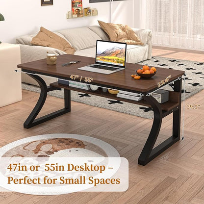 55 X 23.6'' Computer Desk, Home Office Desks w/Shelf Storage, Computer Desk w/Metal Frame, Cable Management, Study Student Desk Writing Work Table Deeper & Thicker Desktop for Home Bedroom