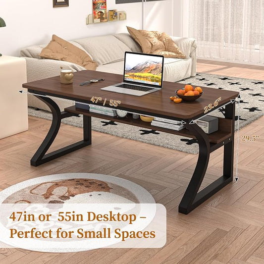 55 X 23.6'' Computer Desk, Home Office Desks w/Shelf Storage, Computer Desk w/Metal Frame, Cable Management, Study Student Desk Writing Work Table Deeper & Thicker Desktop for Home Bedroom