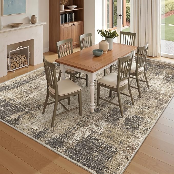 Valenrug Washable Rugs 5x8 - Stain Resistant 5x8 Area Rugs for Living Room, Non Slip Backing Abstract Rugs for Bedroom, Folable Machine Washable Area Rug(5'x8', Taupe)