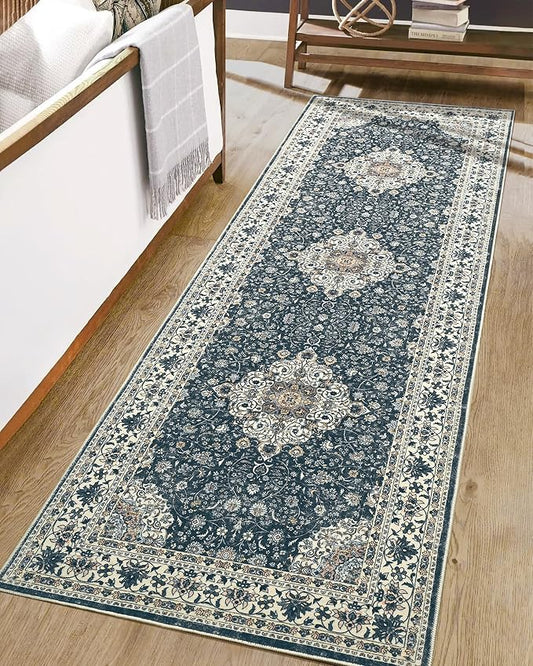 Goideal Washable Runner Rug 2x6, Vintage Rugs Non Slip, Indoor Low Pile Carpet with Rubber Backing for Kitchen Bathroom Entryway Office Bedroom,Black & White