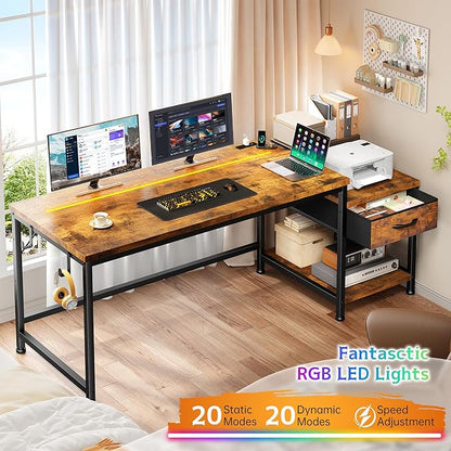 48.1''Gaming Computer Desk with A Reversible Printer Shelf, Built-in Power Outlets & LED Lights, Desk with Drawer and Headphone Hook for Gaming,Craft Working and Studying in Bedroom, Dorm,Rustic Brown