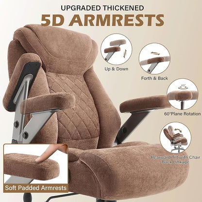 Fabric 700lbs Big and Tall Office Chair, Ergonomic Heavy Duty Executive Cloth Office Chair with 5D Flip Arms & Adjustable Lumbar Support & Dual Rubber Wheel, Large Thick Padded Extra Wide Seat, Brown