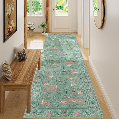 DUKINO 2x10 Rug for Hallway, Washable Kitchen Runner Rug with Non Slip Backing, Soft Low Pile Vintage Animal Runner for Bedroom, Kitchen, Hallway, Entryway, Laundry, Teal