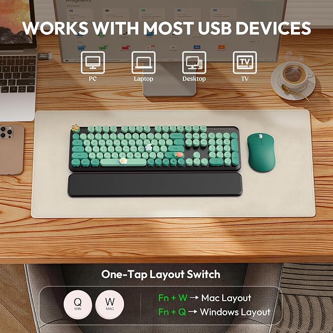 Wireless Keyboard and Mouse Combo - Cute Typewriter Keyboard with Detachable Wrist Rest, Retro Round Keycaps, Foldable Legs, 2.4GHz Keyboards for PC Laptop, Mac, Windows - Trueque (Black and Green)