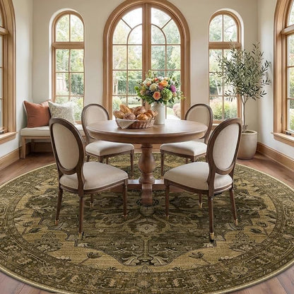 RELEANY Area Rugs Round 10ft Washable Non-Slip, Floral Vintage Distress Medallion Carpet for Living Room Bedroom Dining Room, Brown Dark Brown