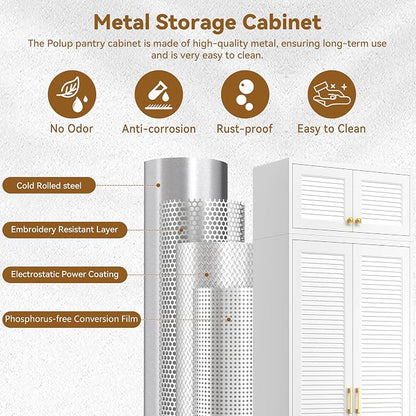 Polup Kitchen Pantry Cabinet, 90" Tall Metal Storage Cabinet, Food Pantry cabinets with Doors and Shelves, Steel Cabinets for Living Room, Dining, White,16" D x 32" W x 90" H, Assembly Required