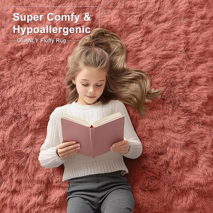 OLANLY 5x8 Machine Washable Large Area Rugs for Living Room, Bedroom, Soft Fluffy Shaggy Bedside Rug, Indoor Floor Carpet for Kids Girls and Boys, Dorms, Nursery, Home Decor Aesthetic, Rust Red