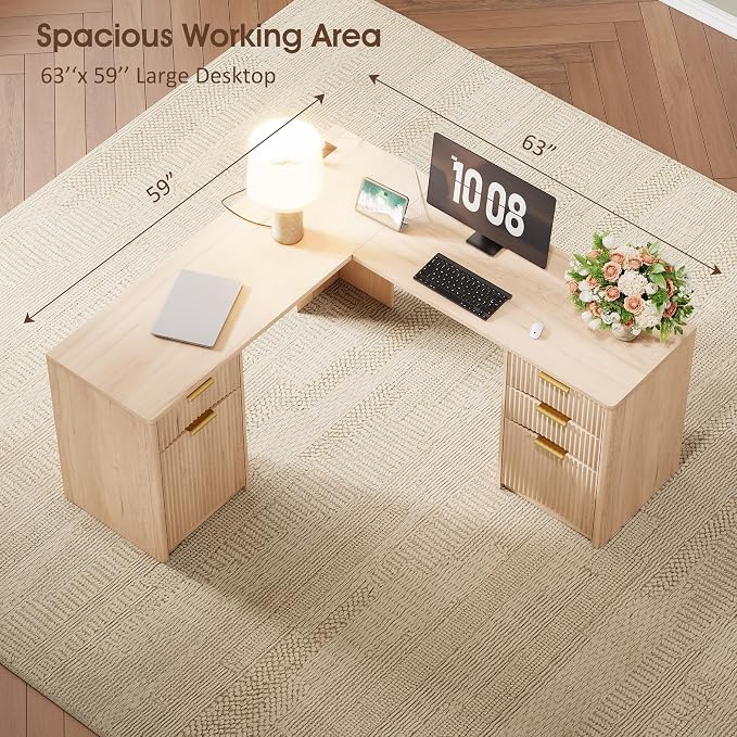 Whalefall 63'' Fluted L Shaped Desk with Drawers, Natural Oak | Corner Computer Desk with Charging Station, Modern Executive Home Office L Desk with File Cabinet Storage