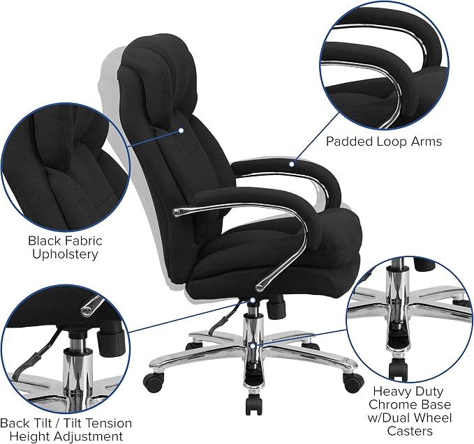 Flash Furniture Hercules Series Swivel Office Chair with Loop Arms, Ergonomic High-Back Executive Chair with Padded Seat and Arms, Black