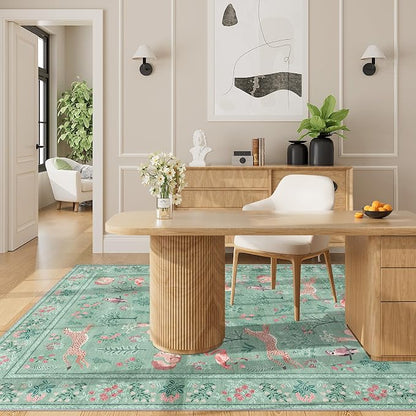 DUKINO 4x6 Rug, Washable Animal Area Rug with Non Slip Vintage Design, Indoor Soft Low Pile Carpet for Bedroom, Nursery, Dining Room, Farmhouse, Playroom, Teal