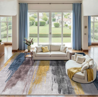 Ciicool Modern Abstract Rug for Living Room, 10'x14' Machine Washable Area Rug Non-Slip Rug, Low-Pile Contemporary Indoor Dining Floor Carpet for Bedroom Office Under Table Home Decor Yellow Grey