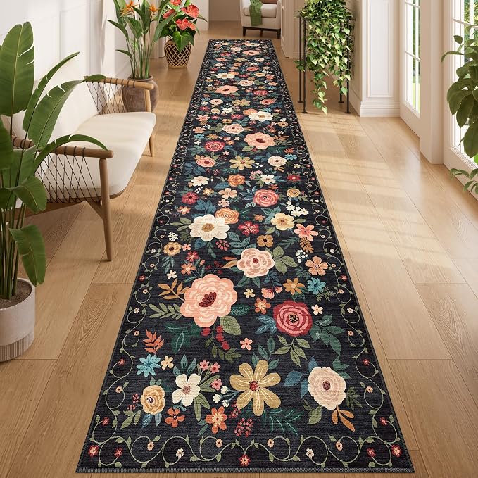 DUKINO 2.6x14 Kitchen Runner Rug, Lightweight Floral Washable Rug for Hallway, Boho Low Pile & Non Slip Backing Soft Floor Carpet for Entryway, Bedroom, Bathroom, Laundry, Black
