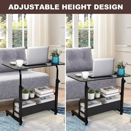 Adjustable Laptop Standing Desk - Mobile Rolling Computer Workstation for Small Spaces, Portable Home Office Desk with Storage Black