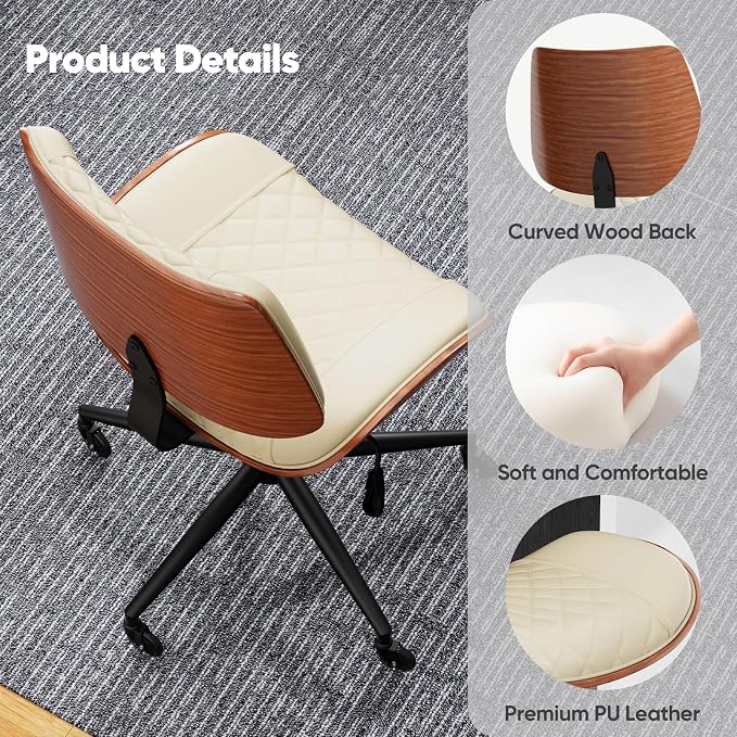 Home Office Desk Chair with Swivel Wheels, Mid-Century Modern PU Leather Armless Office Chair, Small Mid Back Computer Chair for Home Office, Meeting Room