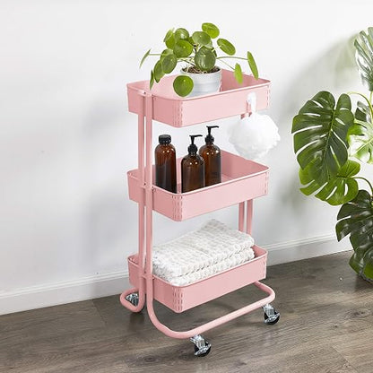 ECR4Kids 3-Tier Metal Rolling Utility Cart, Multipurpose Storage, Pink