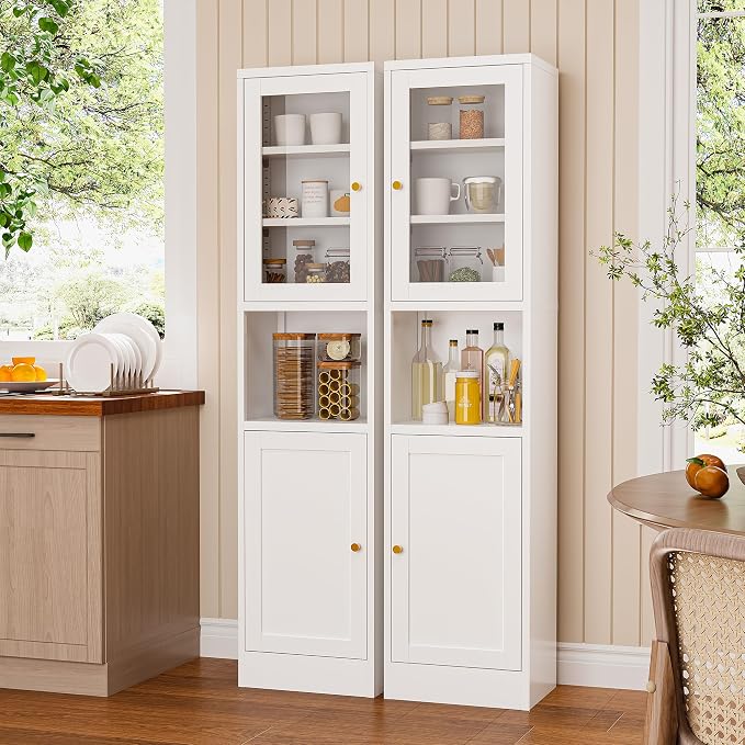 Narrow Glass Door Storage Cabinet Tall Metal Storage Cabinets with 4 Adjustable Shelves Freestanding 5 Tier Slim Pantry Cabinet for Kitchen Office Small Space