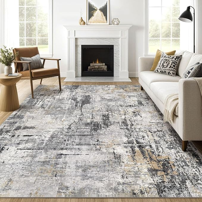 7x9 Area Rug Living Room: Washable Large Abstract Soft Stain Resistant Indoor Floor Rugs Non-Slip Accent Carpet for Bedroom Nursery Playroom Office Dining Room Home House- Gray Beige