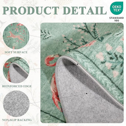 DUKINO 3x5 Rug, Washable Animal Area Rug with Non Slip Vintage Design, Indoor Soft Low Pile Carpet for Bedroom, Nursery, Dining Room, Farmhouse, Playroom, Teal