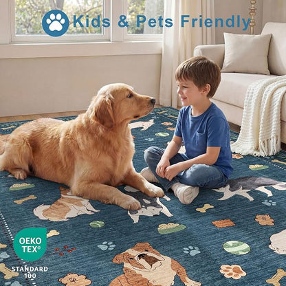 DUKINO 4x6 Area Rug, Non Slip Washable Rug for Living Room with Low Pile Design, Lightweight & Non Shedding Animal Dog Print Indoor Soft Carpet for Bedroom, Dining Room, Kids Room, Office, Blue