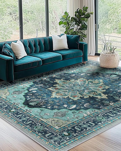 RELEANY Area Rugs 7'x9' Washable Non-Slip, Floral Vintage Distress Medallion Carpet for Living Room Bedroom Dining Room, Teal Green Lake Blue Turquoise