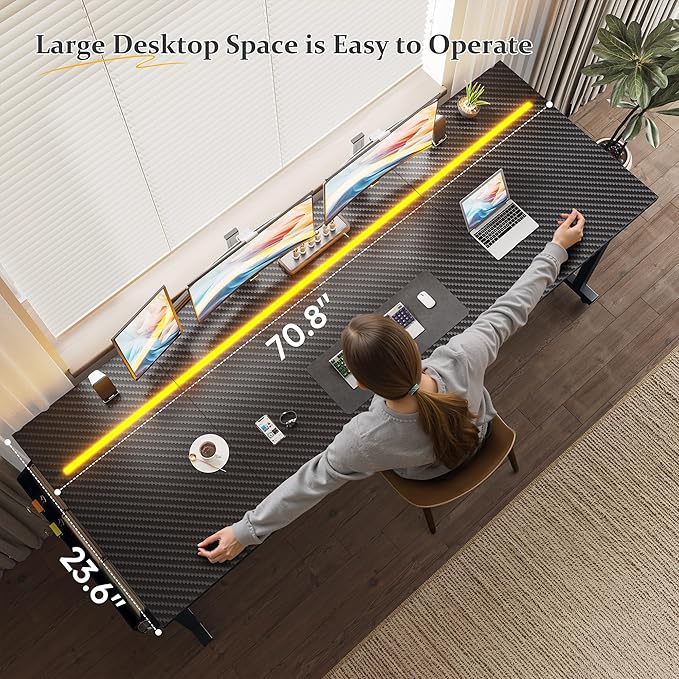DurayLoly 71" Gaming Desk with LED Lights, Large Office Desk for 3 Monitors or 2 laptops,Long Desk with Storage Bag&Headphone Hook for Study Writing Work Wood Desk,Sturdy Metal Frame,Black