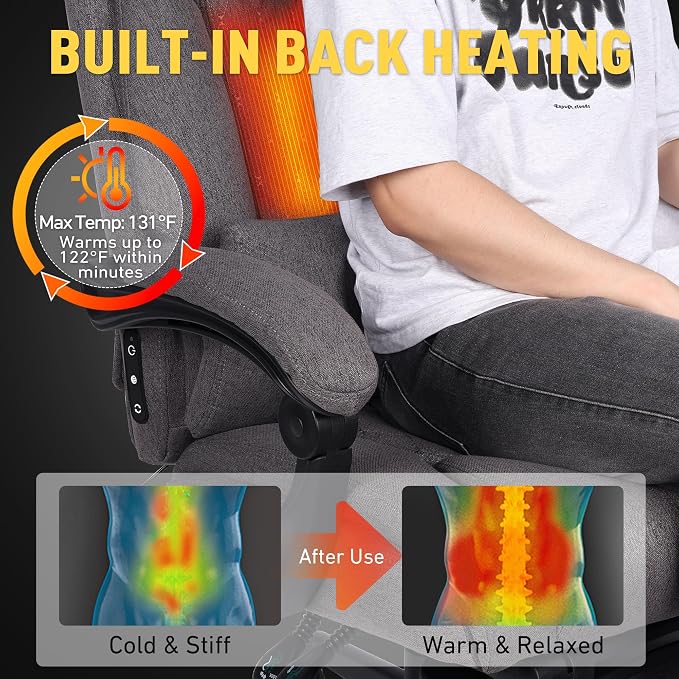 3D Kneading Massage Office Chair with Heat, 500 lbs Big and Tall Executive Computer Desk Recliner, Leather Electric Heated Office Chairs with Massage & Footrest, Gery