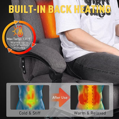 3D Kneading Massage Office Chair with Heat, 500 lbs Big and Tall Executive Computer Desk Recliner, Leather Electric Heated Office Chairs with Massage & Footrest, Gery