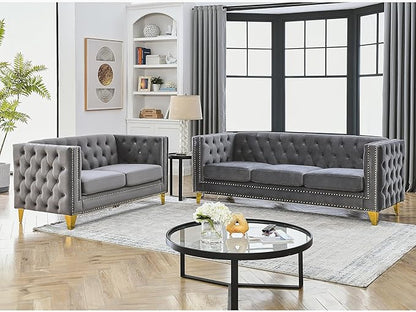 mikibama 2PC Velvet Sofa Couch Set for Living Room,Button Tufted 3 Seater Sofa and 2 Seater Loveseat Couch,Modern Upholstered Sofas with Nailhead Trims,Golden Metal Legs for Bedroom