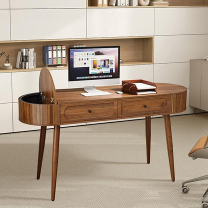 Mid-Century 59" Wood Writing Desk, Home Office Computer Laptop Desk with 2 Flip Storage Space + 2 Drawer, 150 CM Elegant Fluted Vanity Table Multifunctional Study Desk for Office, Bedroom (Wlanut)