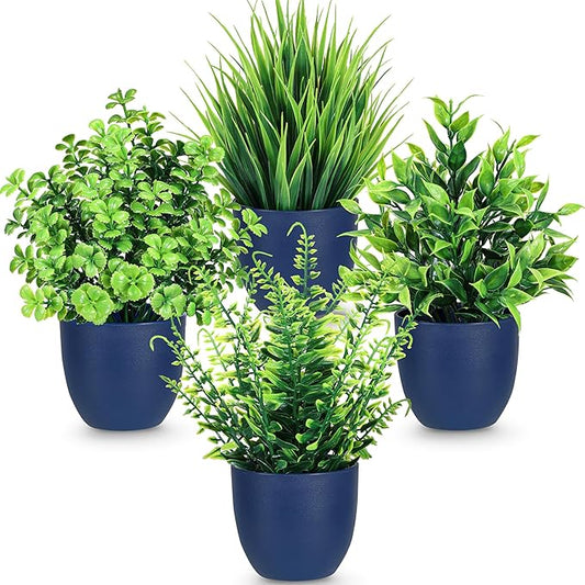 Der Rose 4 Pack Fake Plants Small Artificial Plants for Blue Bathroom Decor | Modern faux plants indoor, suit home kitchen table and bathroom decor accessories, easy-care greenery makes a nice gift