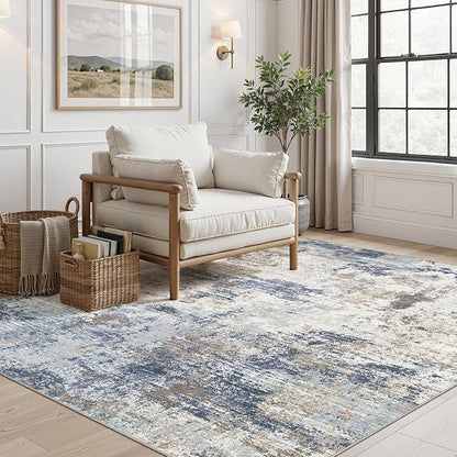 UERMEI 5x7 Area Rug Living Room Rugs - Washable Neutral Modern Abstract Soft Thin Large Rug Indoor Floor No Slip Rug Carpet for Bedroom Under Dining Table Home Office Decor - Denim Blue