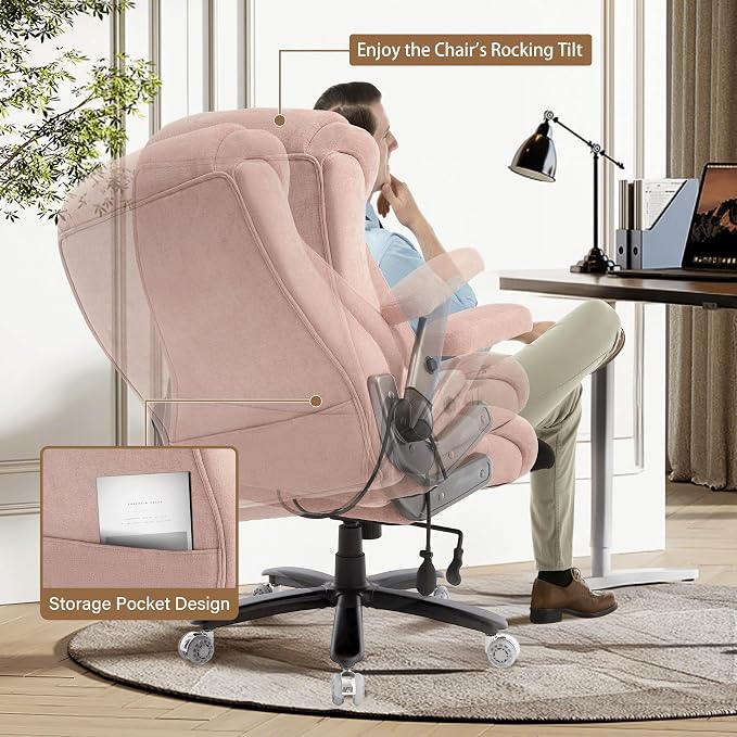Fabric 700lbs Big and Tall Office Chair, Ergonomic Heavy Duty Executive Cloth Office Chair with 5D Flip Arms & Adjustable Lumbar Support & Dual Rubber Wheel, Large Thick Padded Extra Wide Seat, Pink