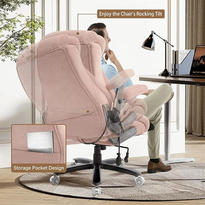 Fabric 700lbs Big and Tall Office Chair, Ergonomic Heavy Duty Executive Cloth Office Chair with 5D Flip Arms & Adjustable Lumbar Support & Dual Rubber Wheel, Large Thick Padded Extra Wide Seat, Pink