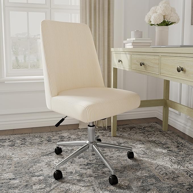 Martha Stewart Maeve Swivel Task Chair with Height Adjustable Seat for Home Office in Beige Stripe Fabric with Polished Nickel Frame