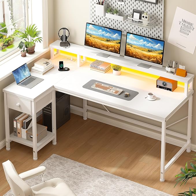 DurayLoly 48" L- Shaped Computer Desk with LED Light and Power Outlet, Reversible Home Office Desk With Drawer and Shelf, Gaming Desk with Monitor Stand for Gamer, Student, Bedroom, Small Space, White