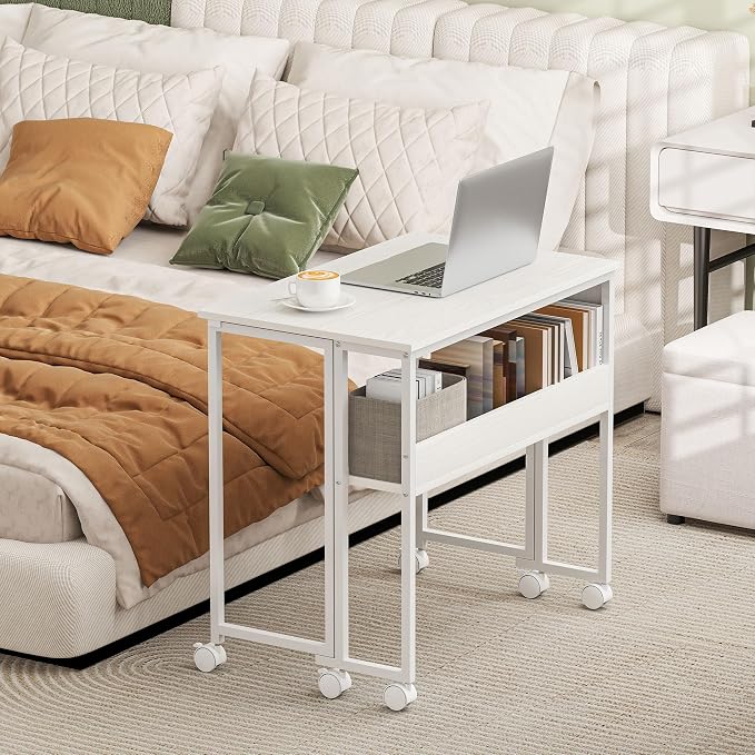 HOMCOM Small Folding Desk, Rolling Computer Desk Foldable with Storage Bag and Shelf, 31.5" Portable Writing Table on Wheels for Small Spaces, Home Office, Study, Easy Assembly, White