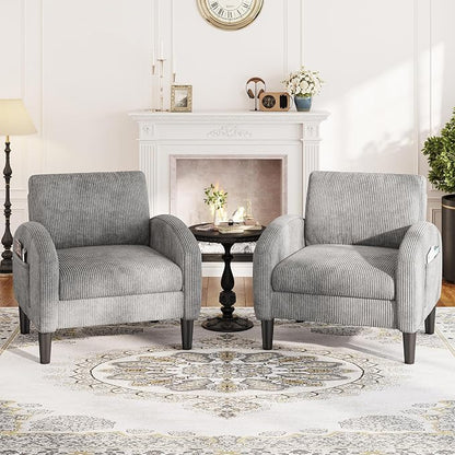 Homkdom Accent Chairs Set of 2 for Living Room,Mid Century Modern Reading Chair with 2 Side Pockets,Upholstered Armchair for Apartment,Small Room,Grey