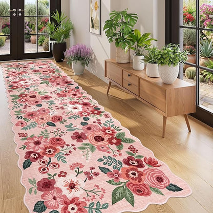 DUKINO 3x10 Washable Runner Rug, Non Slip Floral Ultra Soft Runner for Hallway, Lightweight Low Pile & Stain Resistant Long Throw Carpet for Kitchen, Bathroom, Entrance, Bedroom, Kids Room, Pink