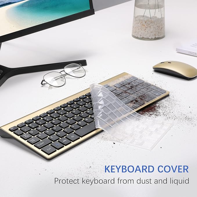 Wireless Keyboard and Mouse Ultra Slim Combo, TopMate 2.4G Silent Compact USB 2400DPI Mouse and Scissor Switch Keyboard Set with Cover, Batteries Included, for PC/Laptop/Windows/Mac - Gold Black