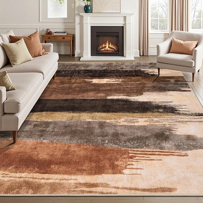 Ciicool Modern Abstract Rug for Living Room, 5'x7' Machine Washable Area Rug Non-Slip Rug, Low-Pile Contemporary Indoor Dining Floor Carpet for Bedroom Office Under Table Home Decor Brown Black