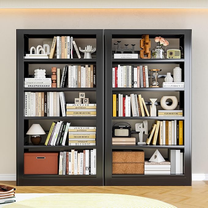 Heavy Duty 5-Shelf Metal Bookshelf, 69" Tall Industrial Bookcase with Adjustable Shelves, Black Large Capacity Storage Rack for Garage, Warehouse, Home Office & Library
