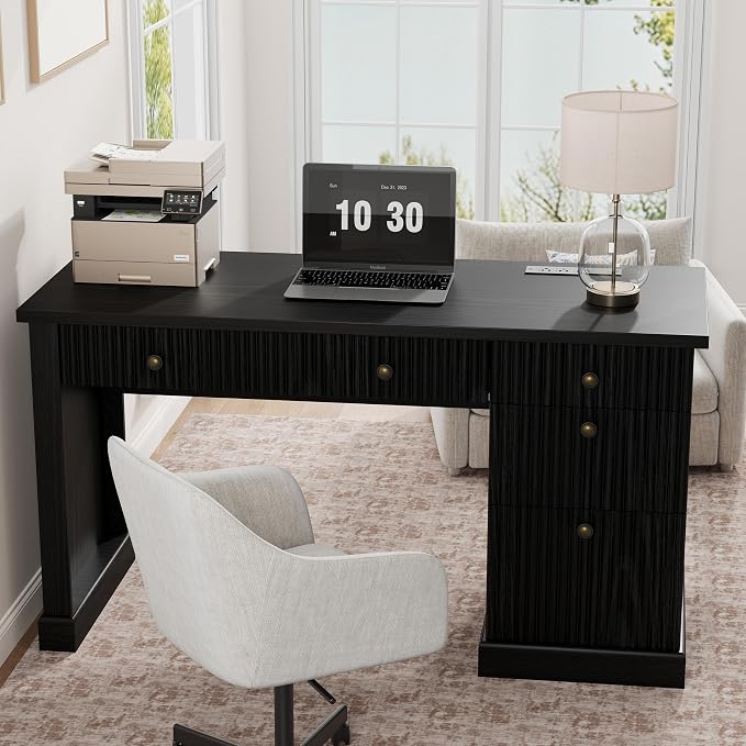 Garvee Fluted Home Office Desk with File Drawer, 54" Modern Executive Desk with Charging Station, Wooden Computer Writing Desk for Home Office, Study Room, Black