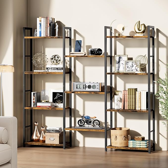 Shintenchi Triple Column 4 Tier Bookshelf, Industrial Large Bookcase Display Shelves, Large Etagere Bookshelf,Wide Book Shelf Book Case for Home & Office, Rustic Brown