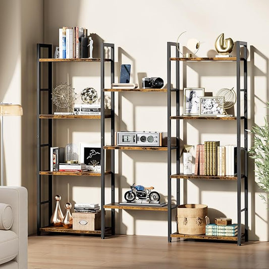 Shintenchi Triple Column 4 Tier Bookshelf, Industrial Large Bookcase Display Shelves, Large Etagere Bookshelf,Wide Book Shelf Book Case for Home & Office, Rustic Brown