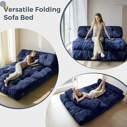 MAXYOYO Folding Sofa Bed, Convertible Chair with Pillow Foldable Couch with Back Support, Portable Fold Out Chair Bed Comfy Floor Sofa Lounge for Living Room Bedroom, Navy Double