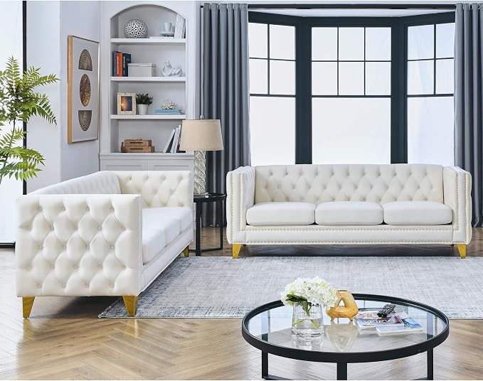 mikibama 2PC Velvet Sofa Couch Set for Living Room,Button Tufted 3 Seater Sofas Set of 2,Modern Upholstered 3-Seat Couches with Nailhead Trims,Golden Metal Legs for Bedroom